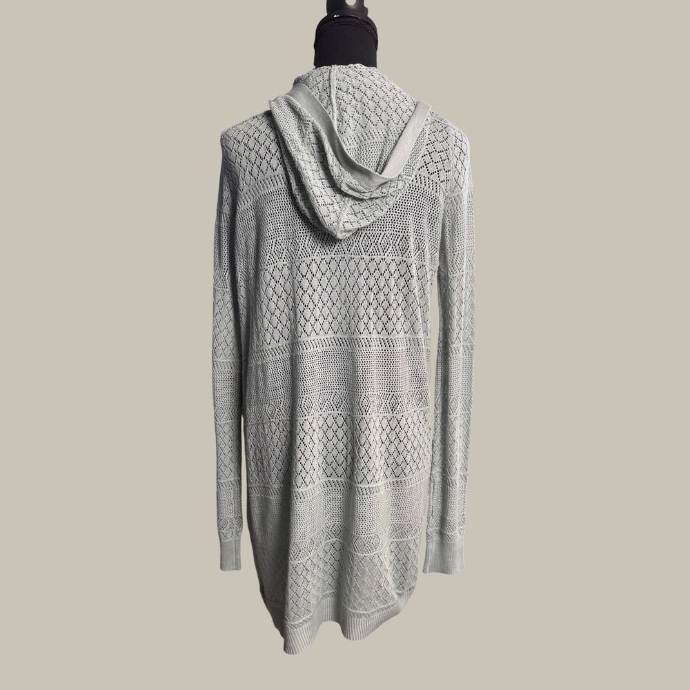 Coastal Grandmother Vintage Sage Green Boho Pointelle Knit Hooded Cardigan Small - Picture 7 of 7